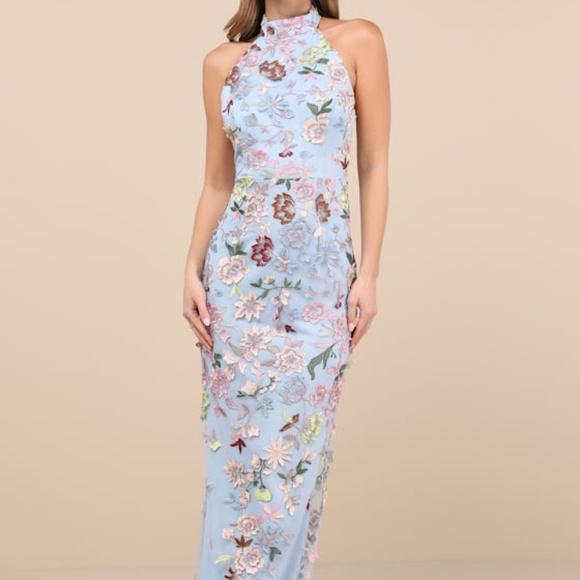 Lulus Infinite Praise Blue 3d Floral Embroidered Halter Maxi Dress - Size XL - Picture 1 of 3